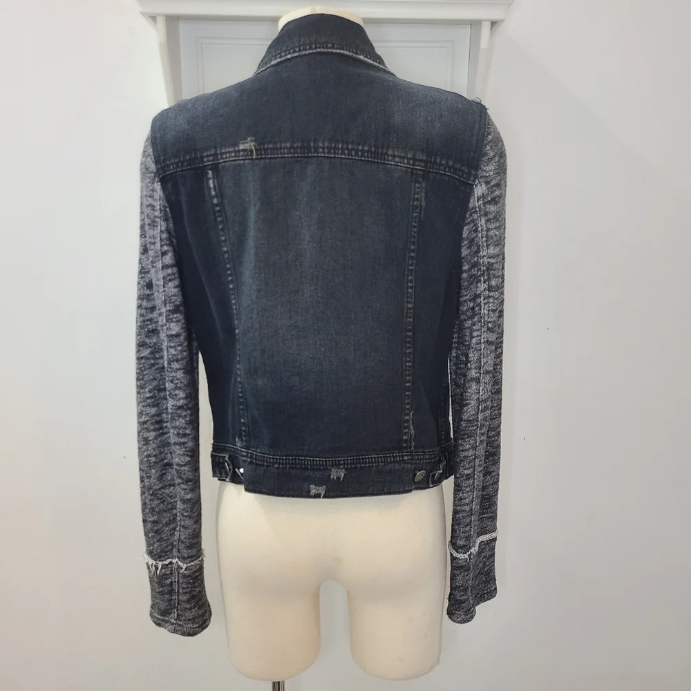 Free People Black Mixed Media Space Dye Knit Denim Jean Jacket Sz M - Picture 4 of 15